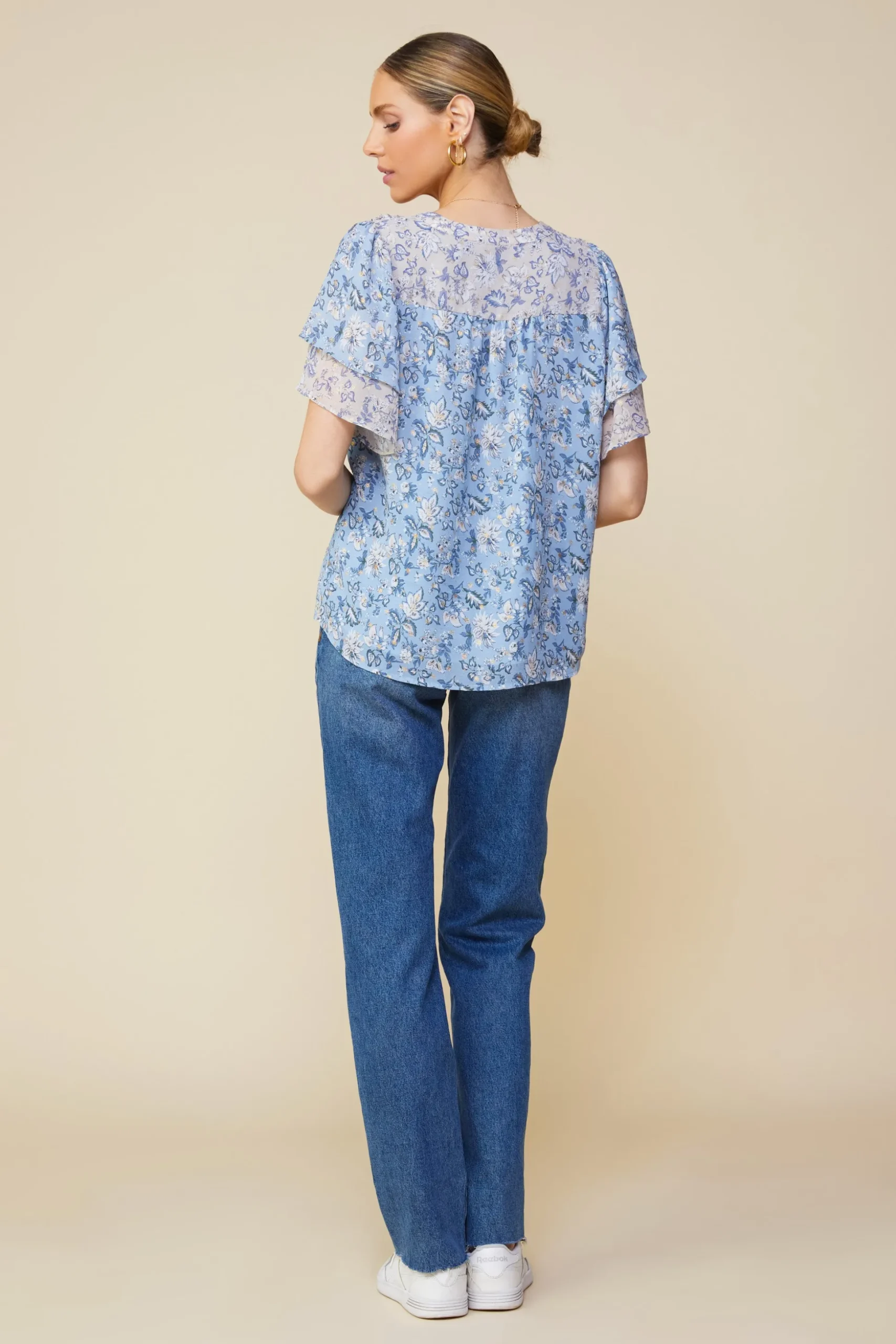 Aster Print Ruffled Detail Contrast Top