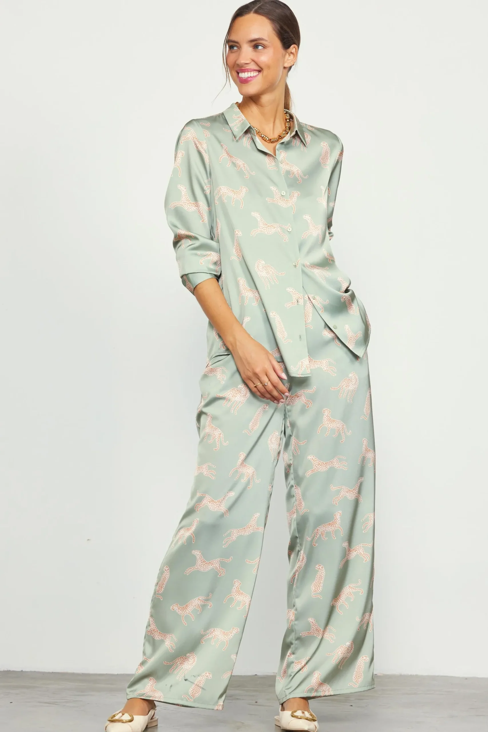 Cheetah Print Satin Long Pants