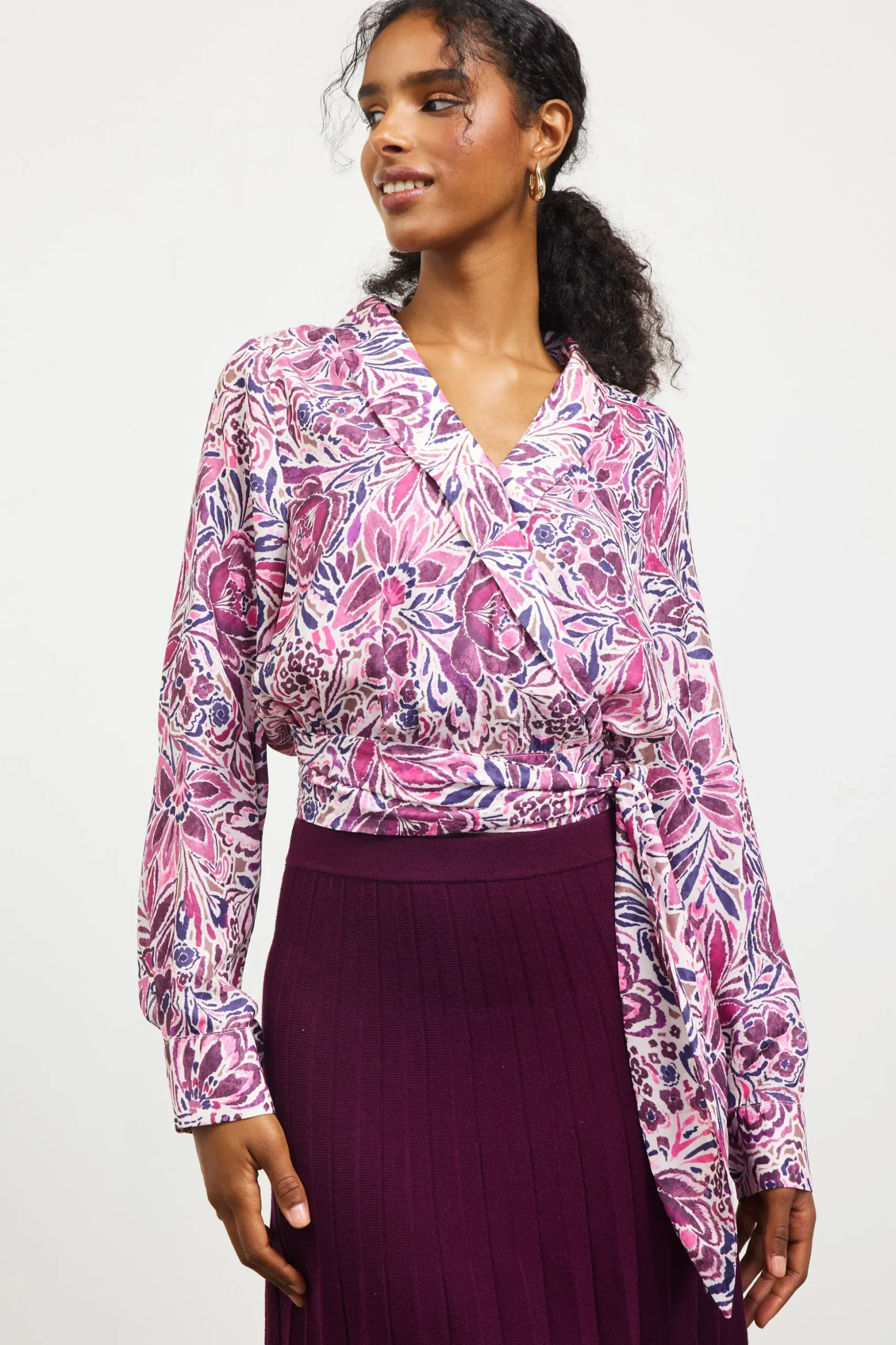 Floral Print Waist Self Tie Top