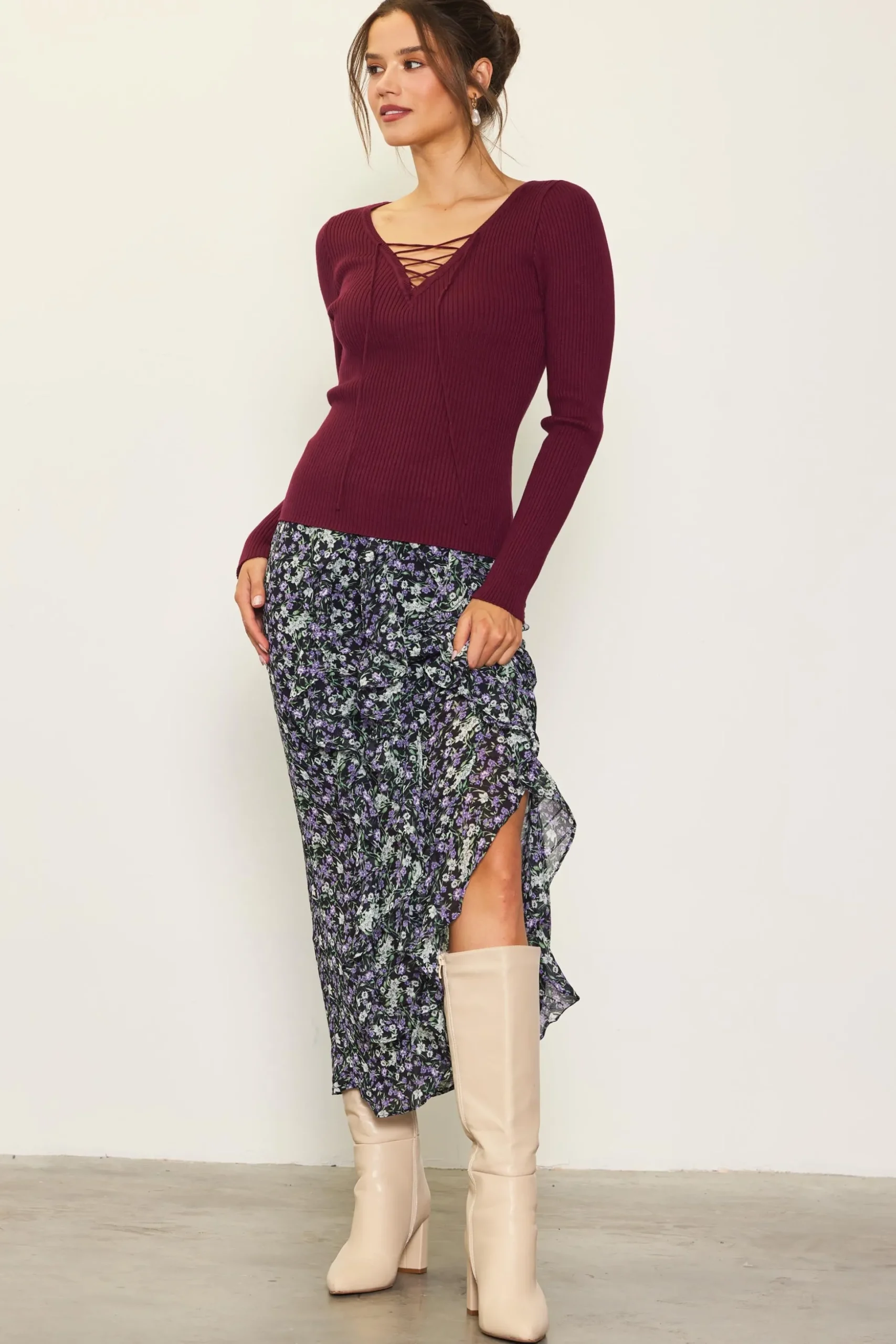Laced Up Long Sleeve Knit Top