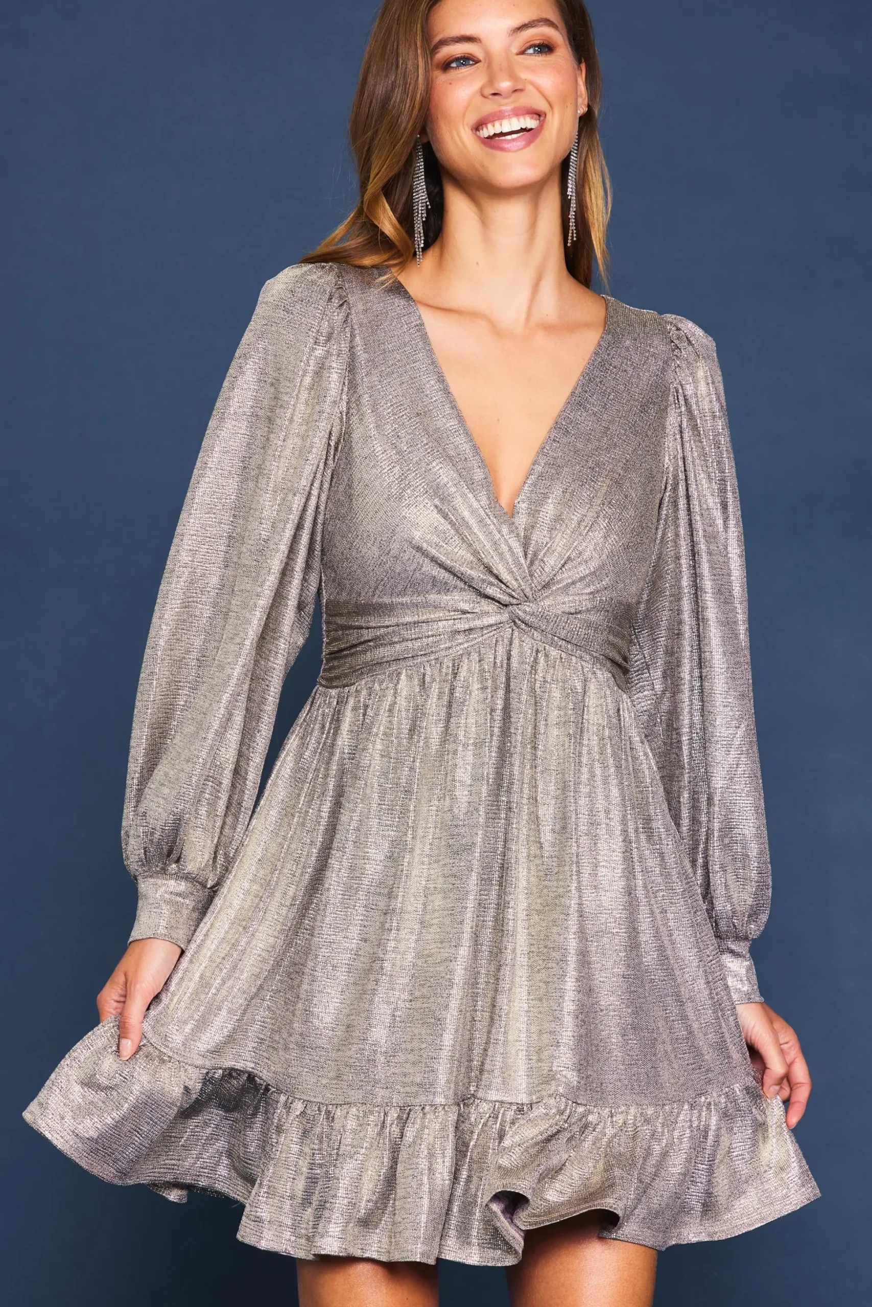 Metallic Front Twist Mini Dress