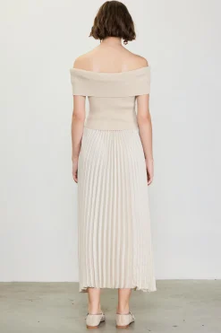 Off Shoulder Mixed Media Pleated Dress