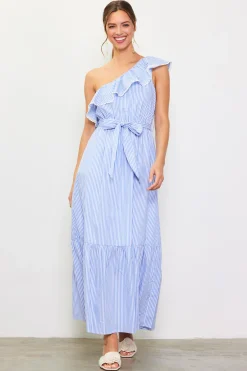 Striped One Shoulder Ruffle Dress
