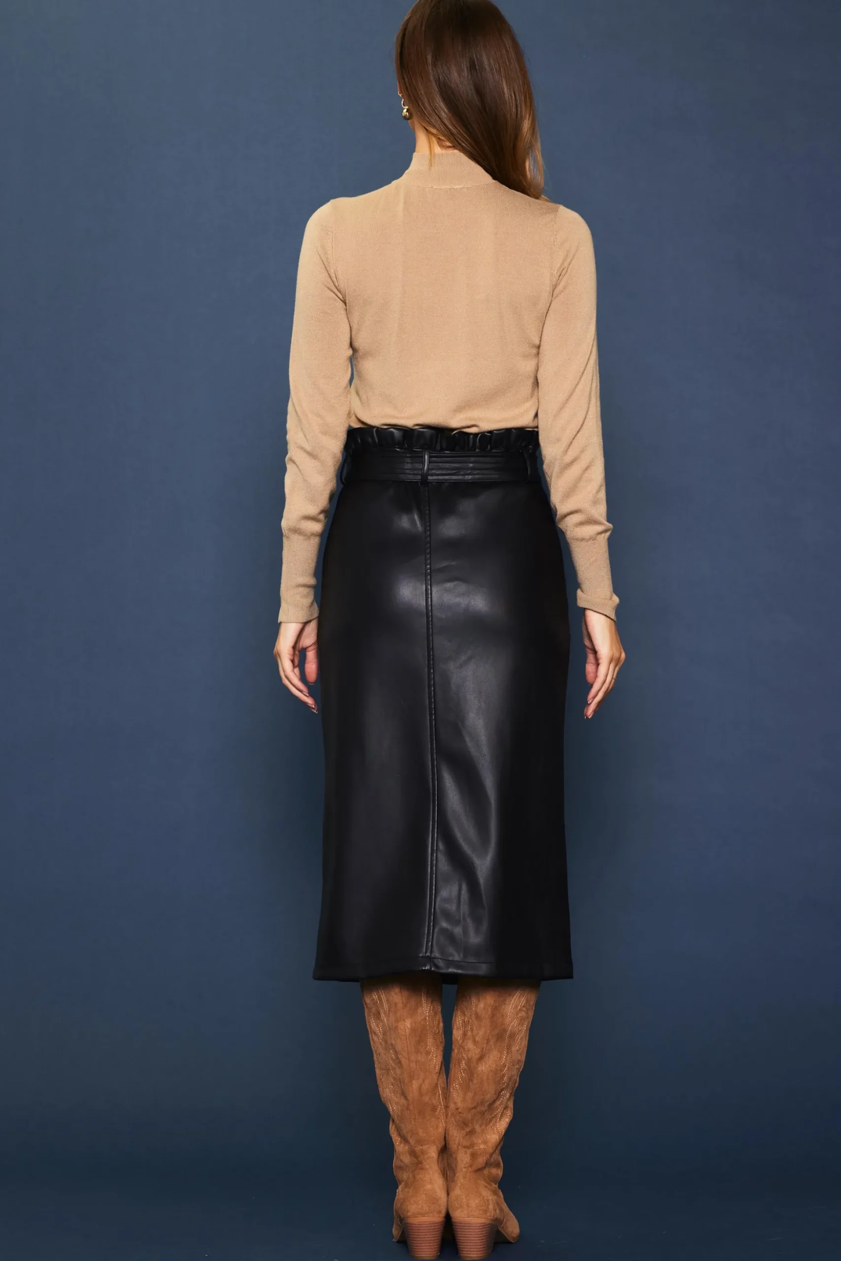 Vegan Leather Front Tie Midi Skirt